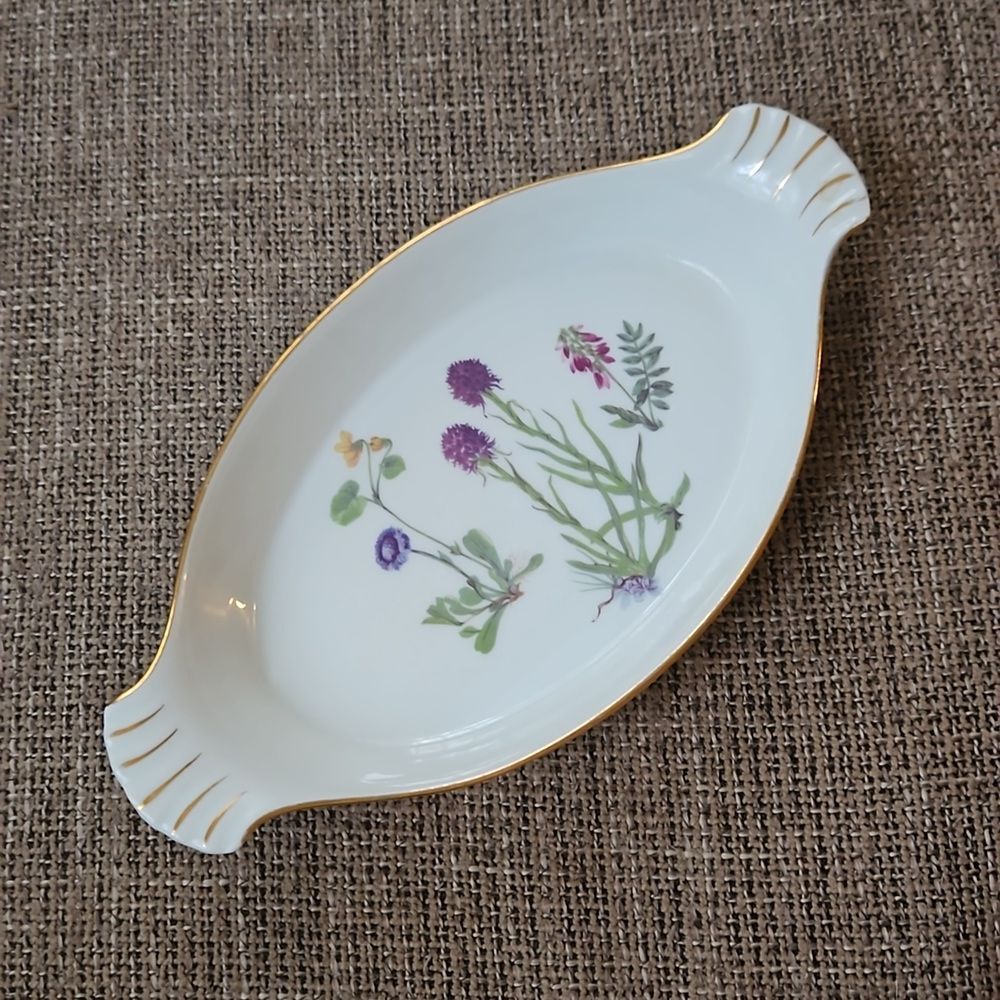 Floral gold trimmed ceramic baking dish Lourioux Made in France